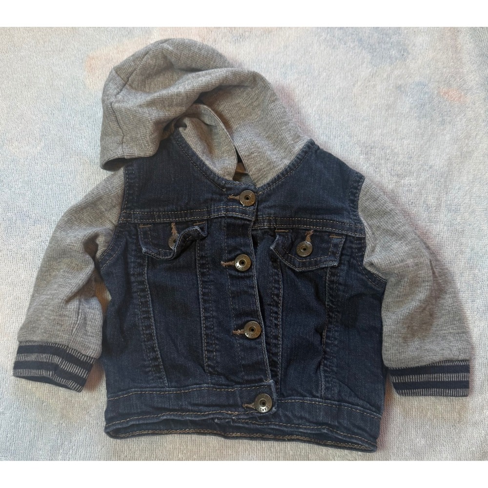 Wrangler Kids Dark Wash Denim Hooded Jacket Gray Knit Sleeves 0-3M
